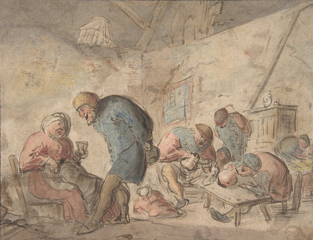 Bönders dryck, tergo: skisser över bönder, 1610-85. av Adriaen van Ostade.
