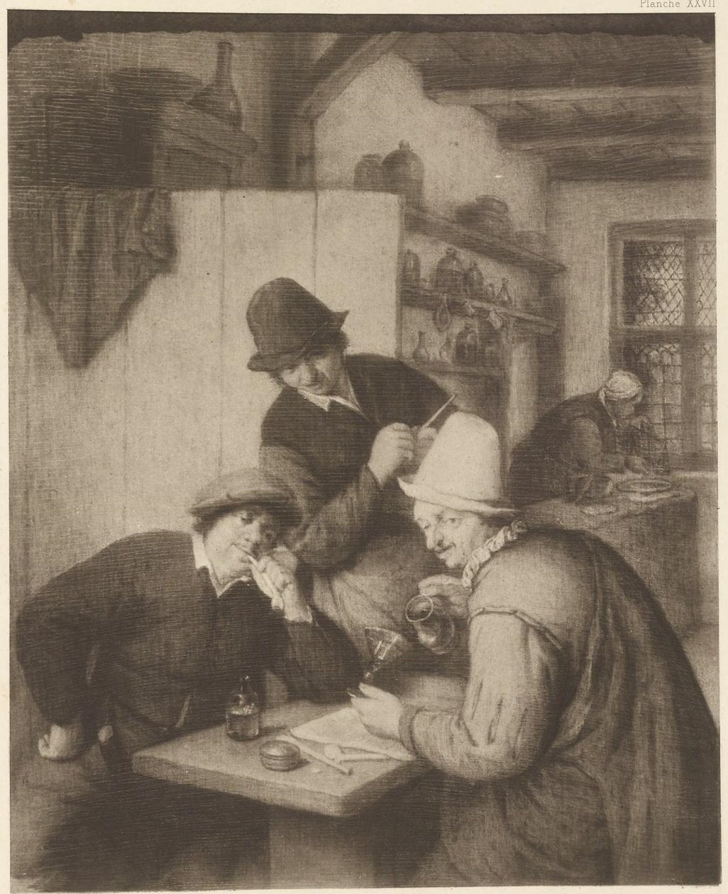 Tre bönder och en kvinna vid ett bord av Adriaen van Ostade
