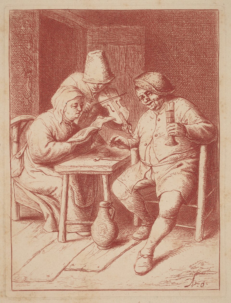 Två sångare och en fiolspelare i ett rum av Adriaen van Ostade