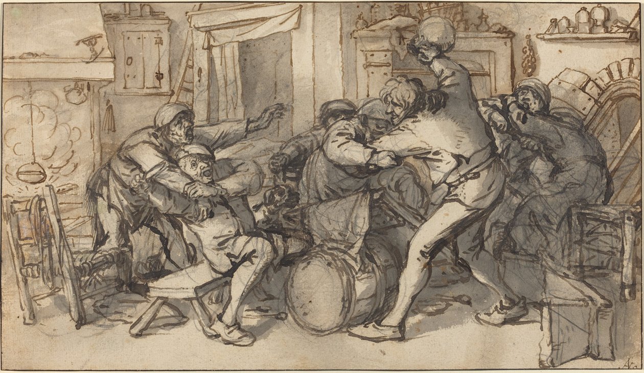 Bönder slåss på en krog av Adriaen van Ostade and Cornelis Dusart
