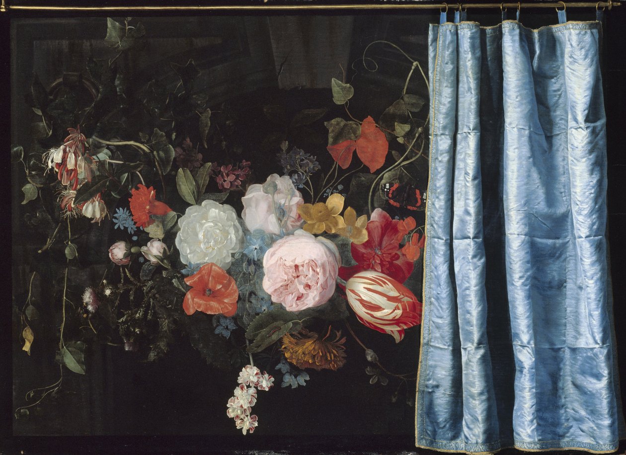 Trompe-l"Oeil stilleben med en blomsterkrans och en gardin, 1658 av Adriaen van Spelt