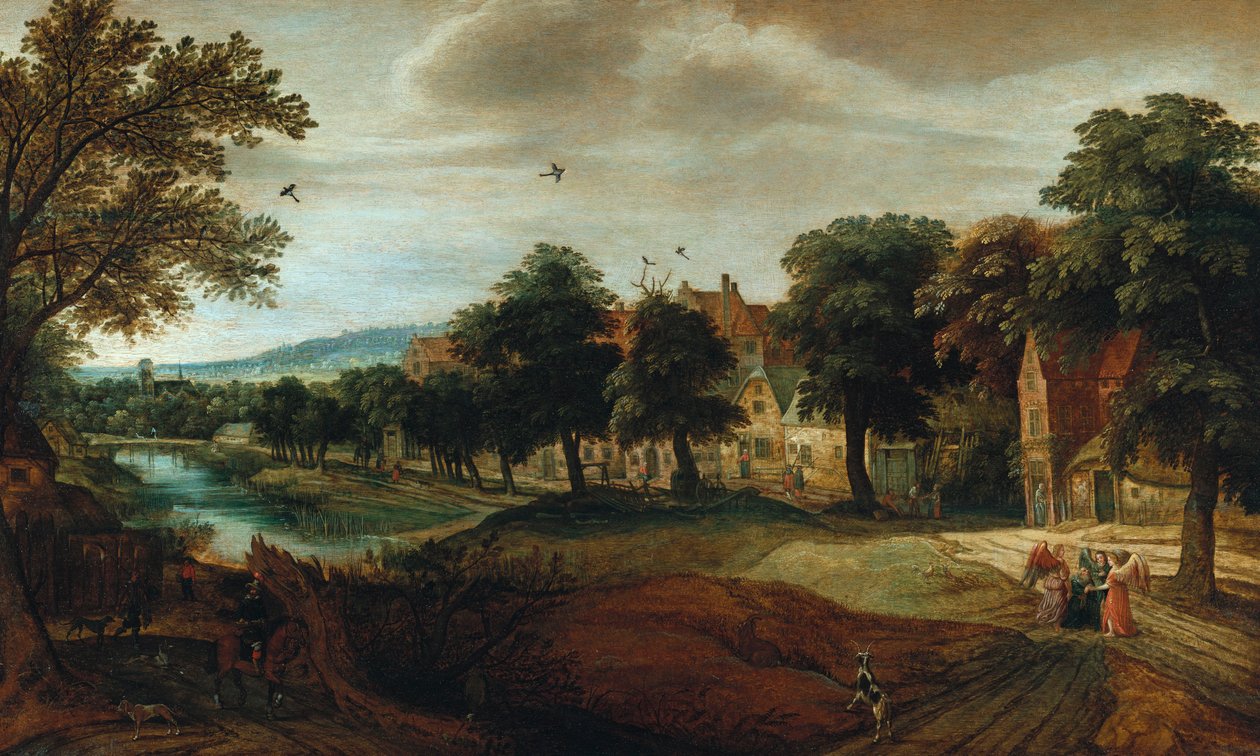 Ett trädbevuxet flodlandskap med bybyggnader och Abraham och de tre änglarna av Adriaen van Stalbemt