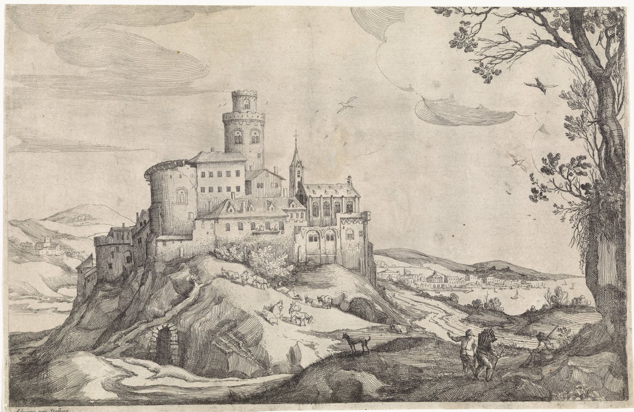 Landskap med ett slott på ett berg av Adriaen van Stalbemt
