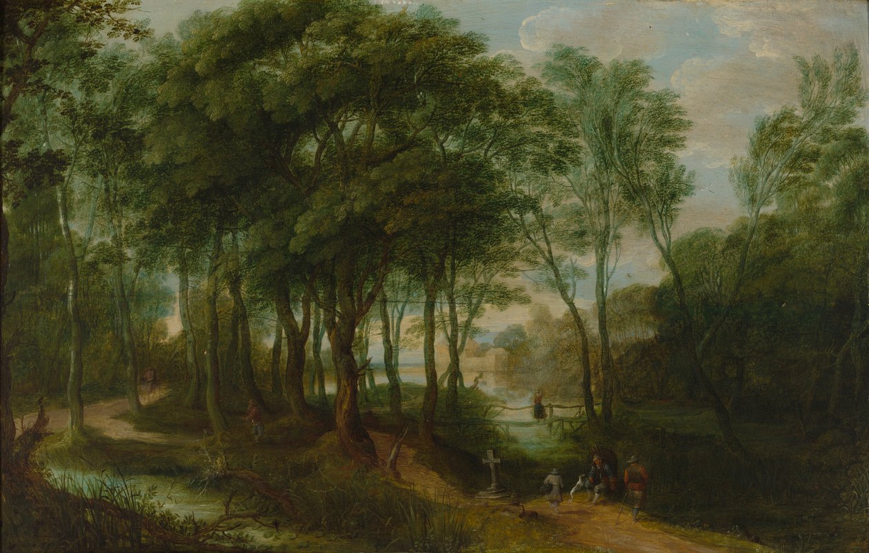 Vandrare i en undervegetation, arkitektur i bakgrunden av Adriaen van Stalbemt