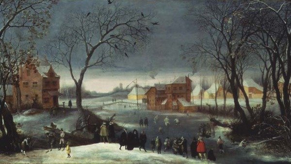 Vinterlandskap med skridskoåkare (panel) av Adriaen van Stalbemt