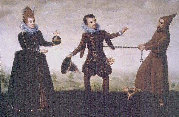 Satir över ärkehertigen Albert den fromme som avsäger sig sitt ärkebiskopsämbete i Toledo för att gifta sig med Infanta Isabella Clara Eugenia 1598 av Adriaen van de (workshop of) Venne