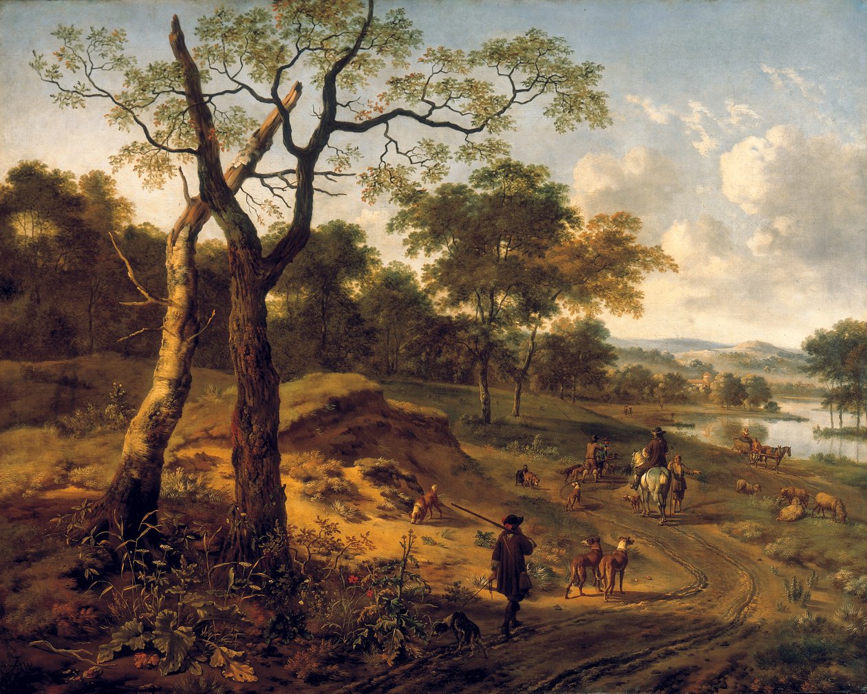 Skogbevuxen kvällslandskap med en jägare och hundar av Adriaen van de Velda