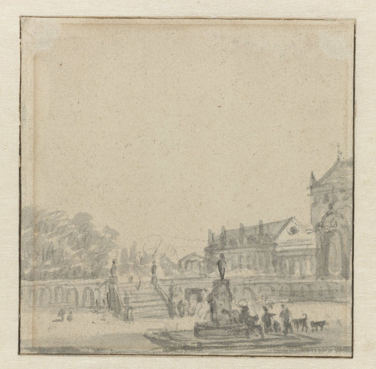 Förgården till ett palats med en fontän av Adriaen van de Velde (possibly)
