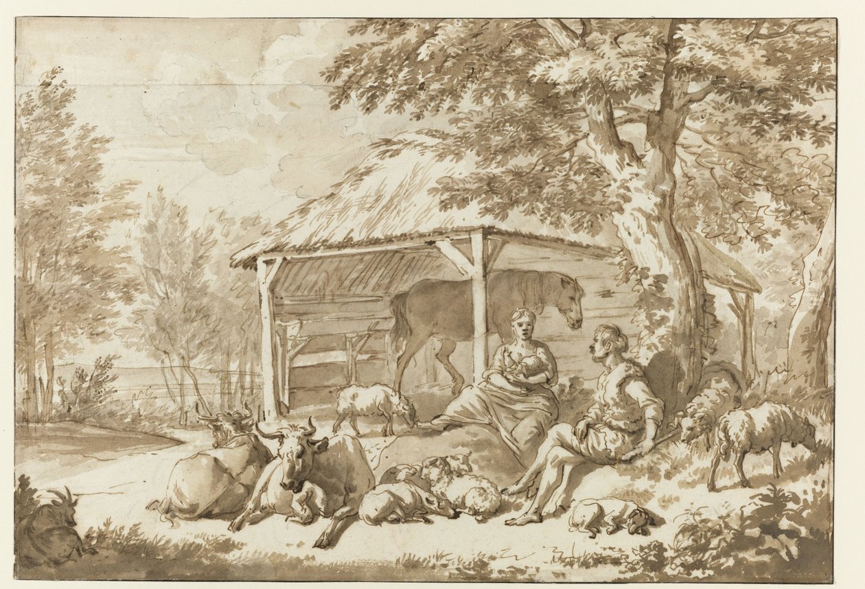 Ett herdepar med boskap nära ett skjul Herdersidylle av Adriaen van de Velde