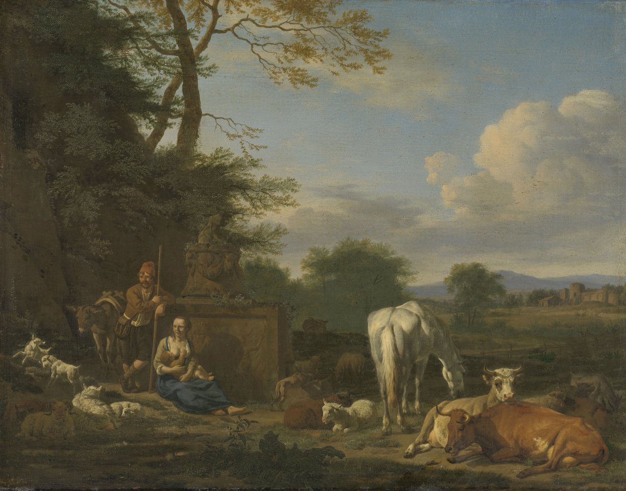 Arkadiskt landskap med vilande herdar och djur, 1664 (olja på duk på panel) av Adriaen van de Velde