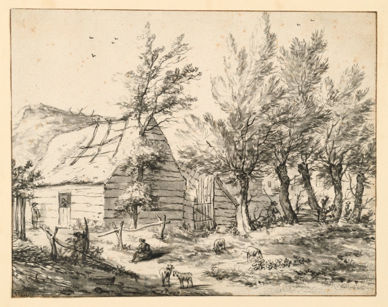 Bondgård bakom en rad hamlade pilar av Adriaen van de Velde