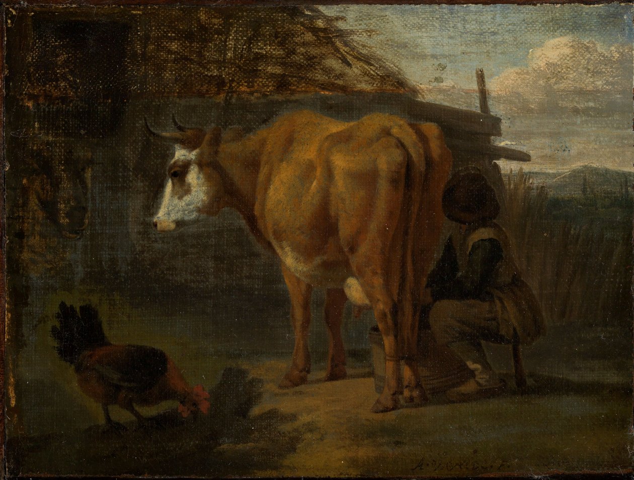 En herde mjölkar en brun ko av Adriaen van de Velde