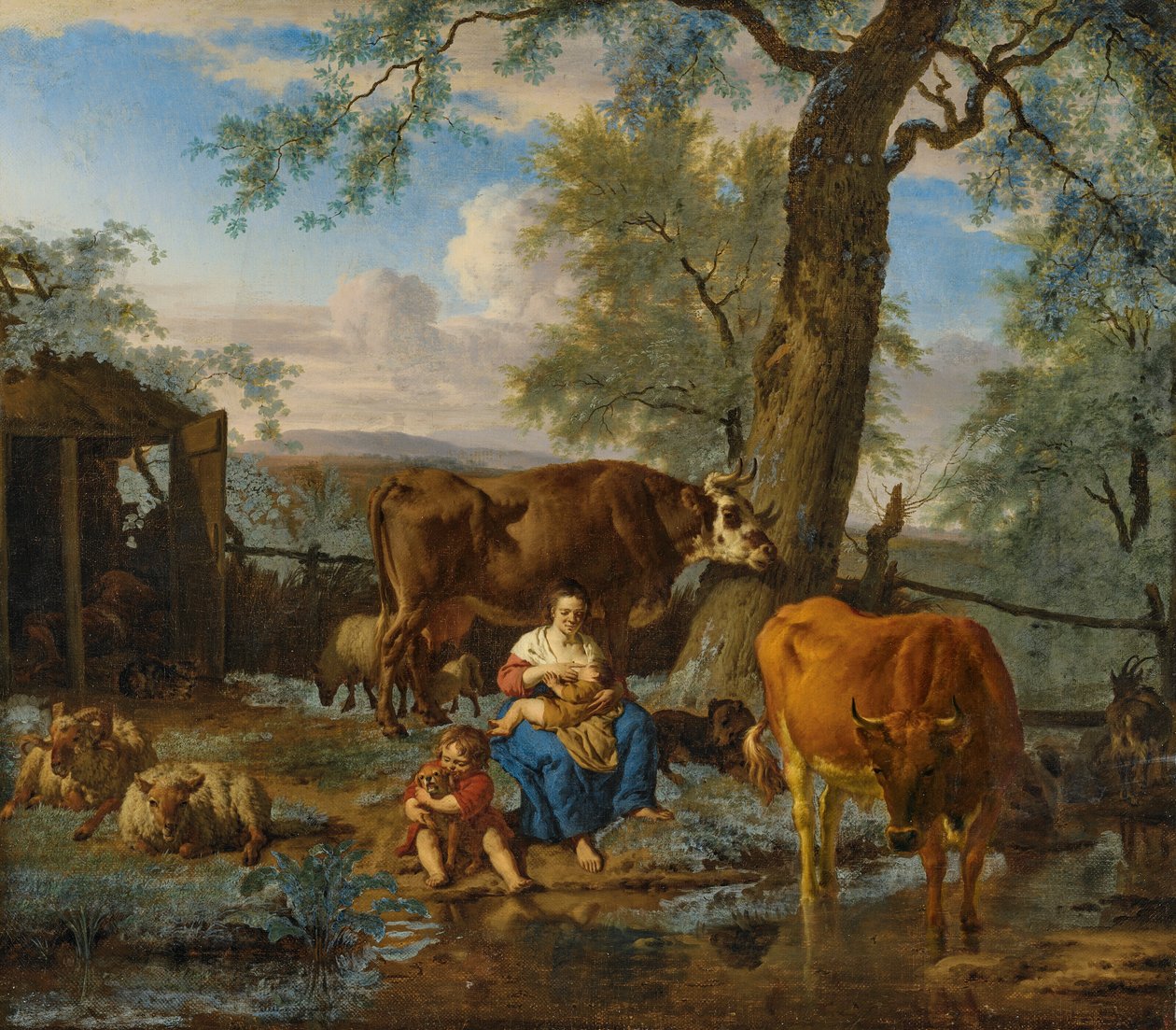 Nötkreatur med ammande kvinna och barn som leker med en hund av Adriaen van de Velde