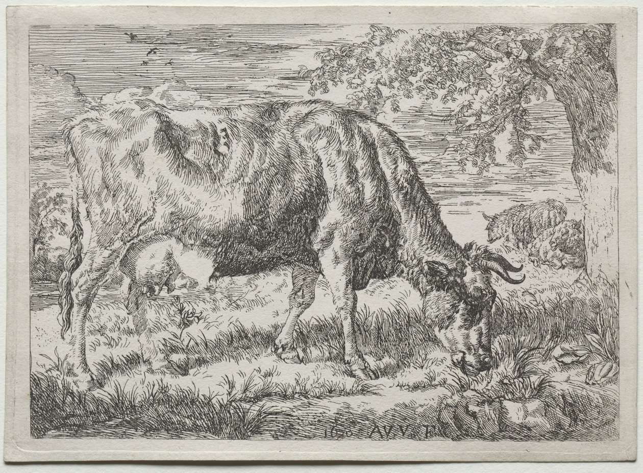 Ko och två får vid foten av ett träd, 1670. av Adriaen van de Velde