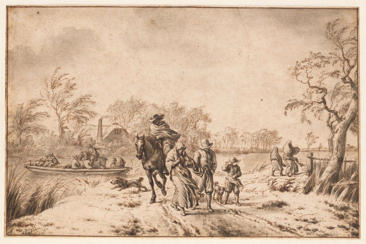 Höstlandskap med resenärer och färja av Adriaen van de Velde