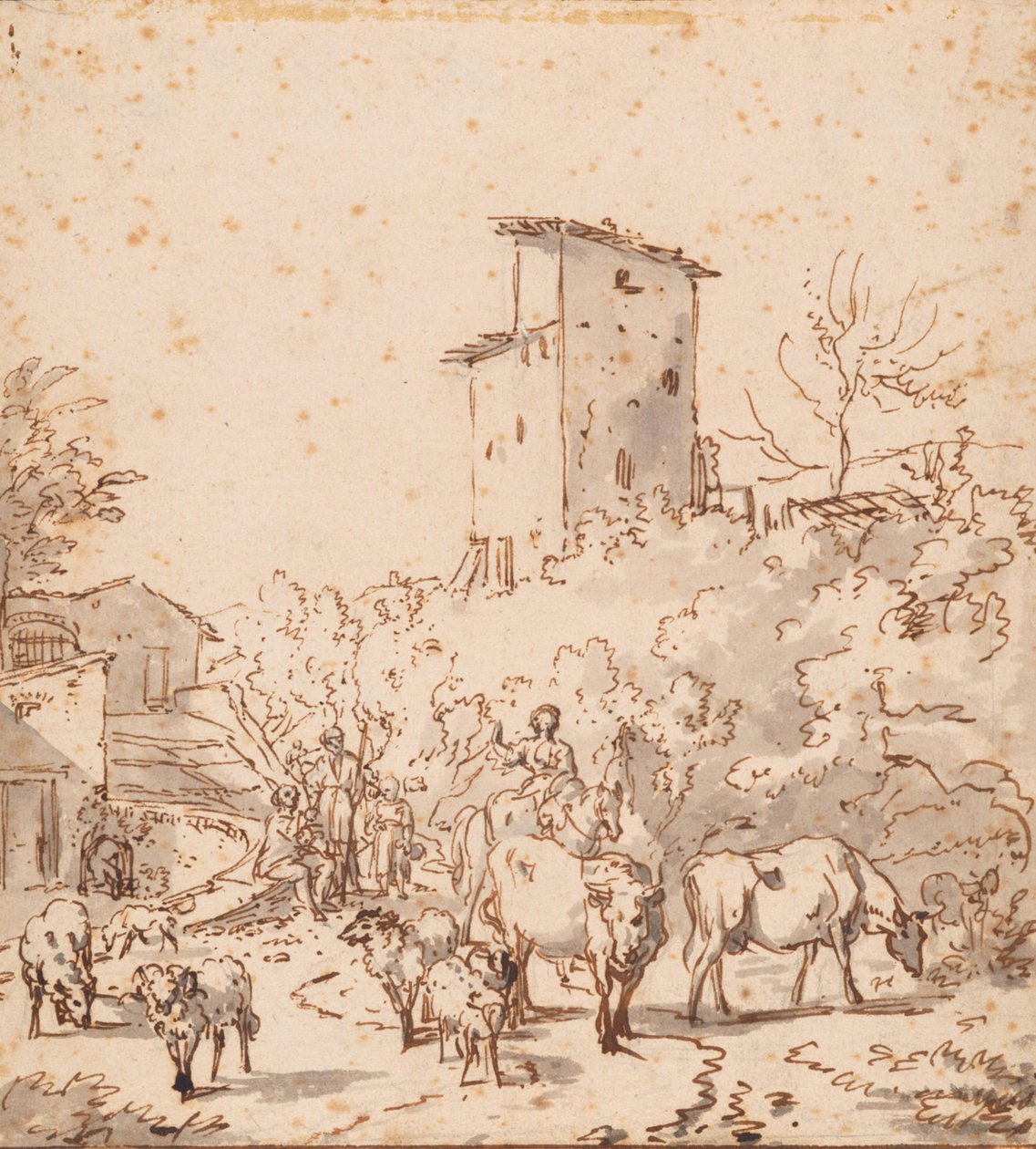 Italienskt landskap med människor och boskap av Adriaen van de Velde