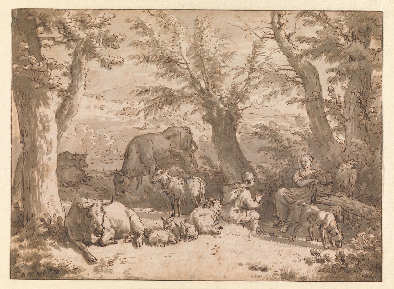 Landskap med herde, herdinna och boskap av Adriaen van de Velde