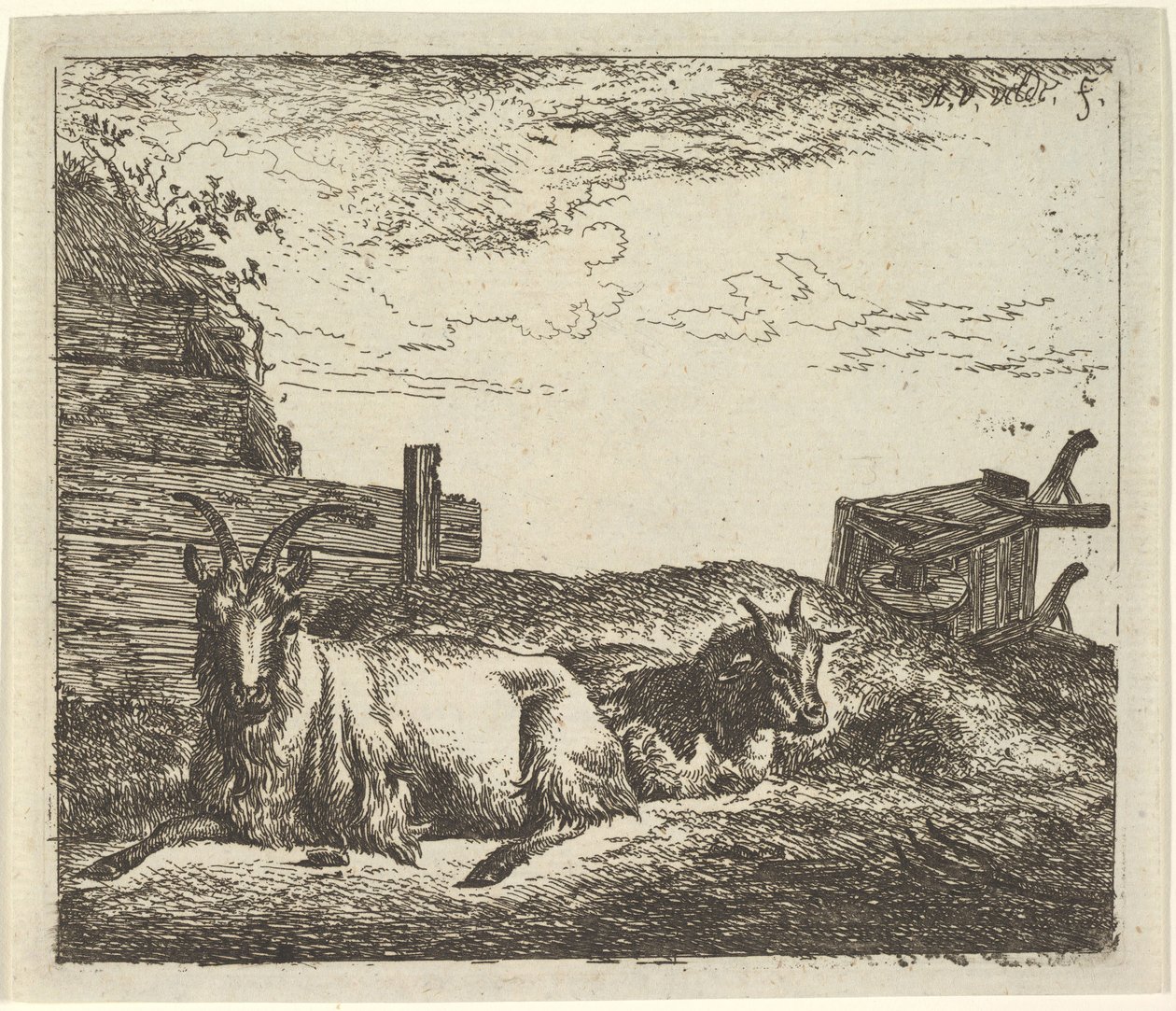 Liggande getter, från olika djur. av Adriaen van de Velde