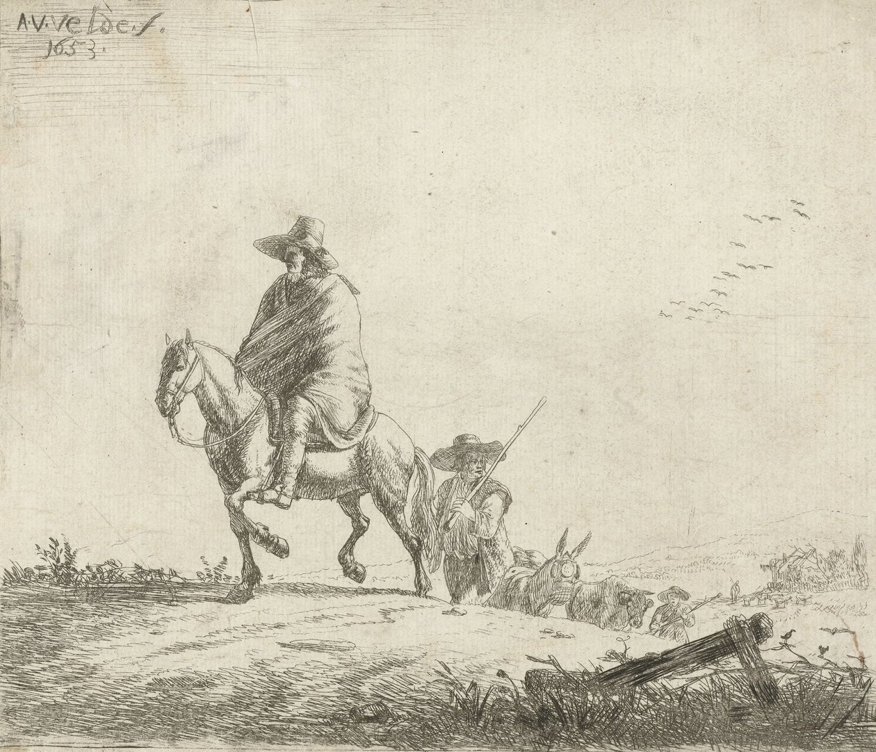 Ryttare och herde med boskap på en grusväg, 1653 av Adriaen van de Velde