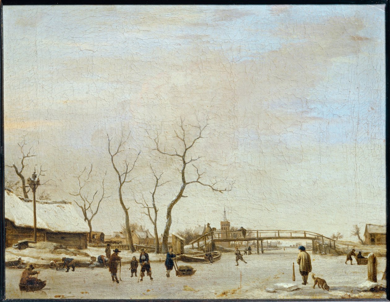 Riviere gele med skridskoåkare och hicka spelare ... av Adriaen van de Velde