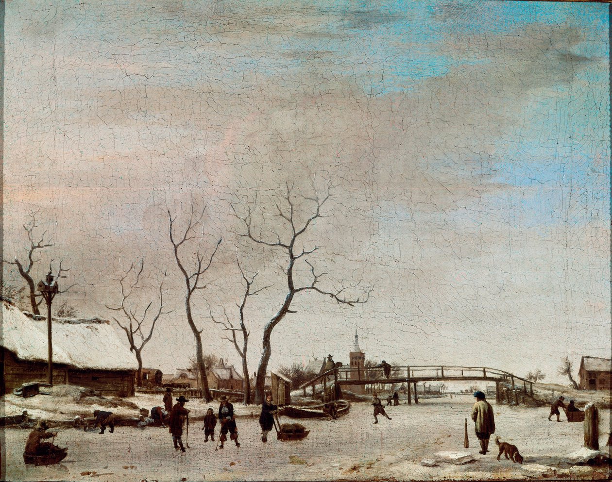 Riviere Gelee med skridskoåkare Målning av Adriaen Van de Velde le jeune (1636-1672) 1668 Dim. 23x30 cm Paris, Musée du Louvren av Adriaen van de Velde