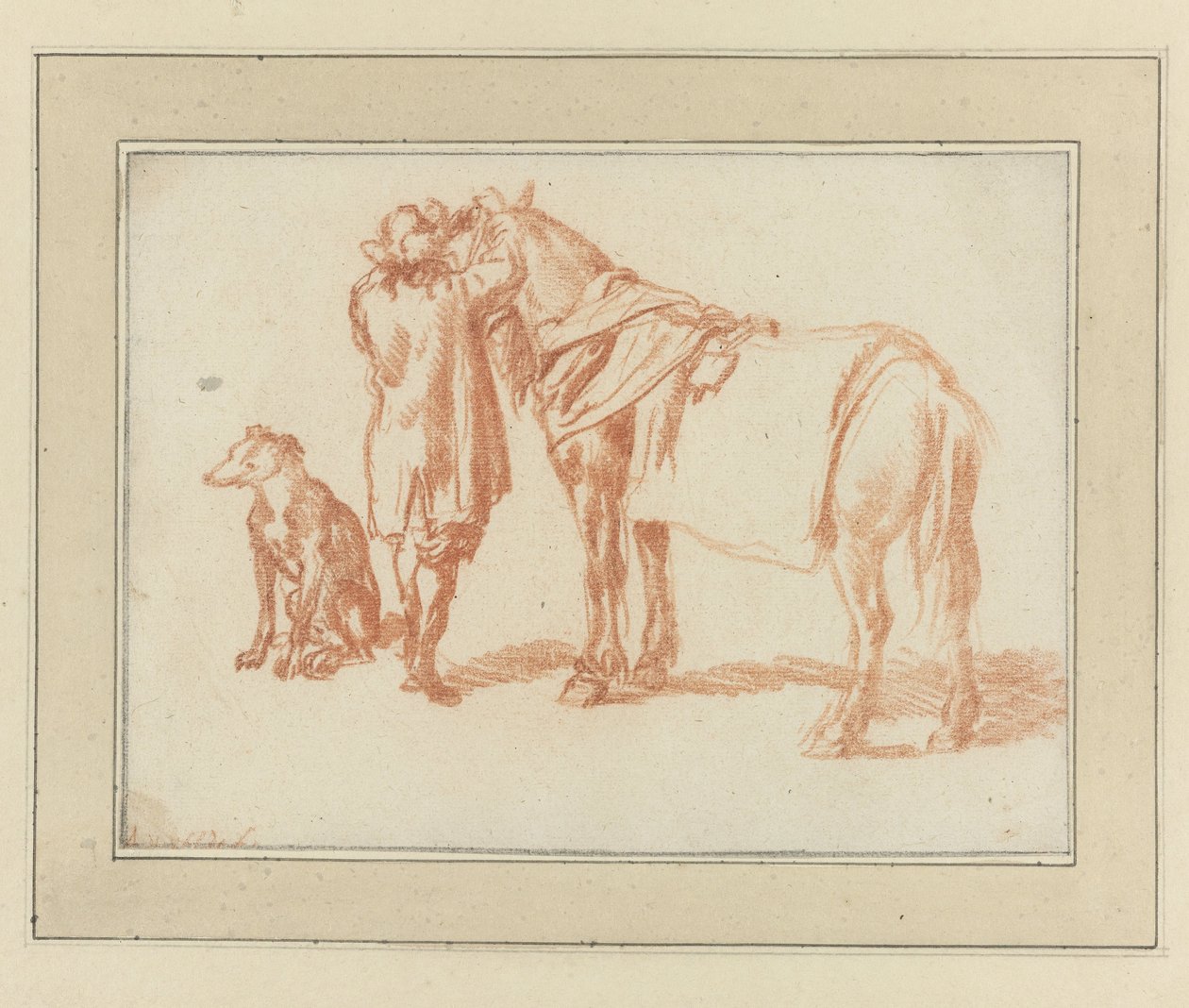 Ryttare bredvid en häst och en hund av Adriaen van de Velde