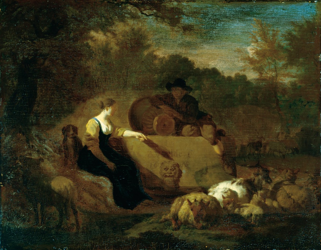 En herde och en herdinna med sin hjord vid en brunn av Adriaen van de Velde