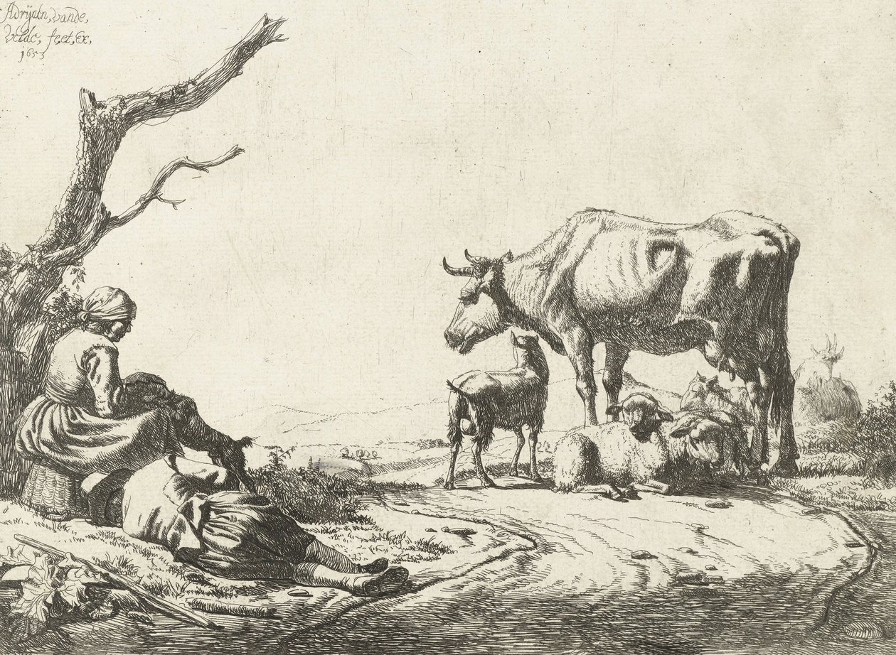 Herde och herdinna med boskap, 1653 av Adriaen van de Velde