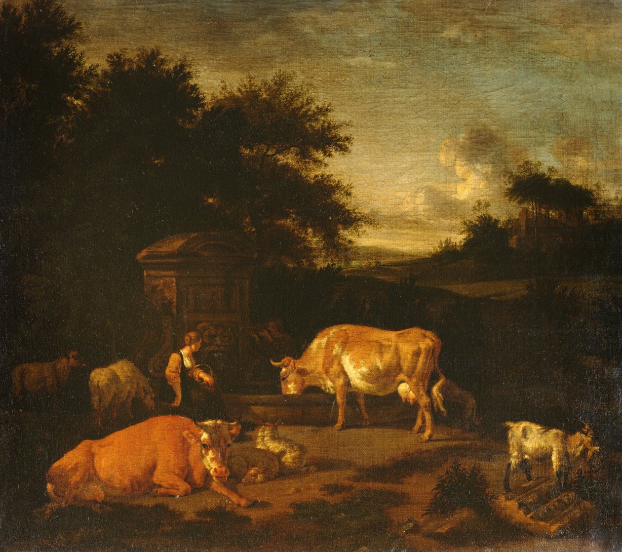 Herdinna och en förare med sina flockar vid en klassisk fontän i ett skogslandskap av Adriaen van de Velde