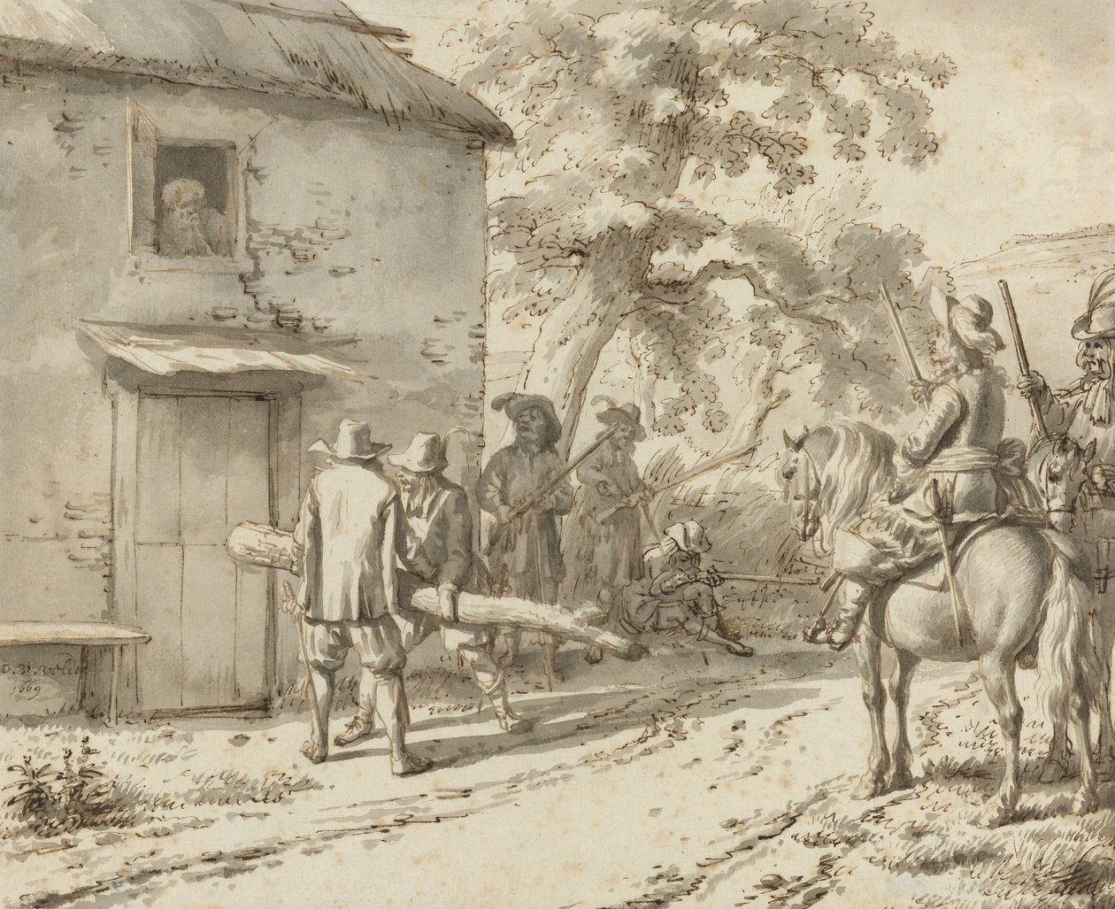 Soldater tvingar fram en dörr, 1669 (penna- och bläckritning) av Adriaen van de Velde