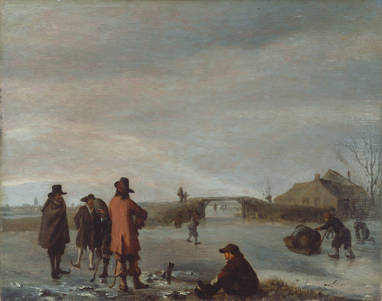 Vinterscen med en grupp golfare på en frusen flod, ca 1654-72 (olja på panel) av Adriaen van de Velde