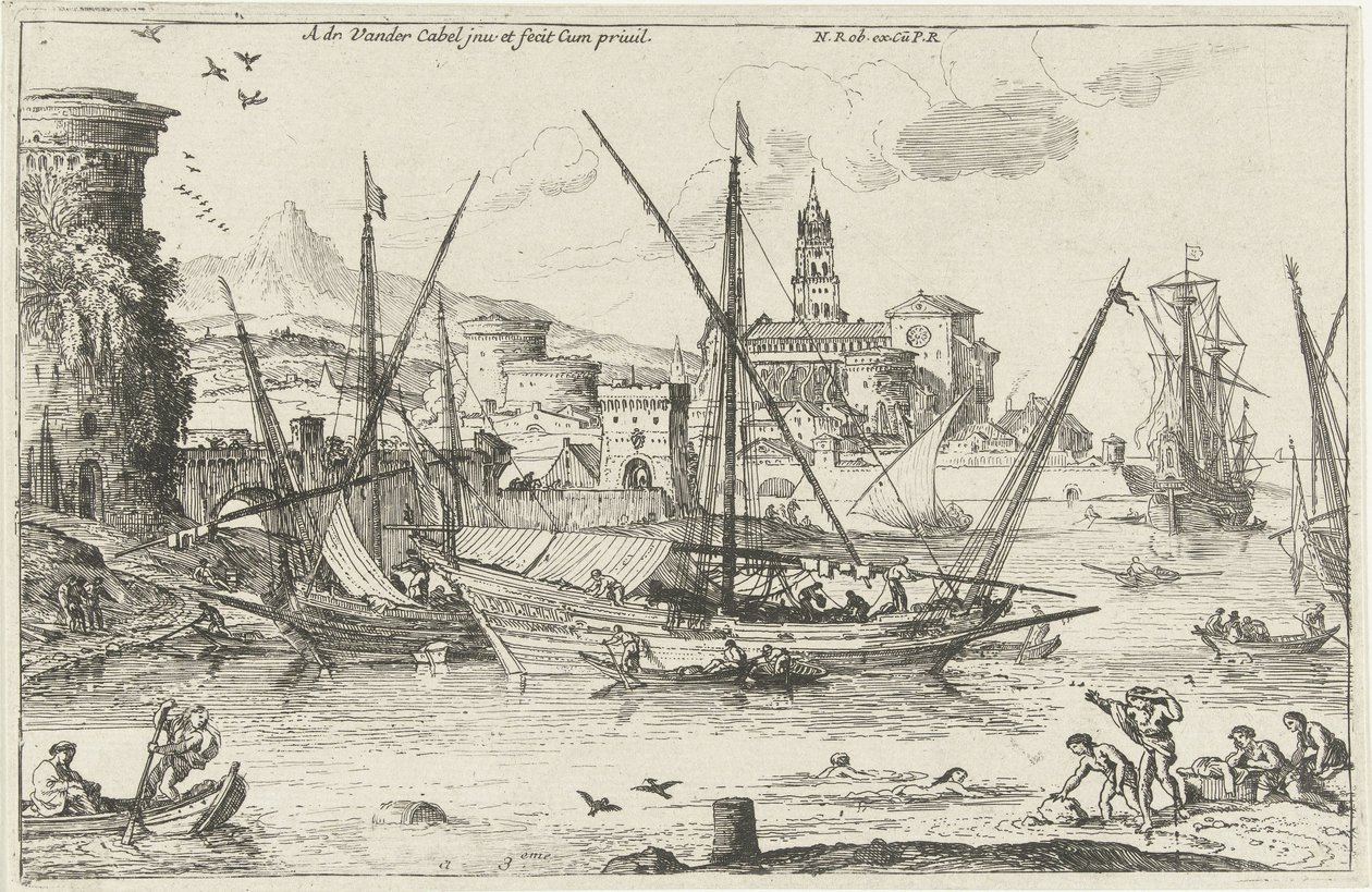 Hamn Hamnutsikt i söder Landscapes, serie två (serietitel) av Adriaen van der Kabel