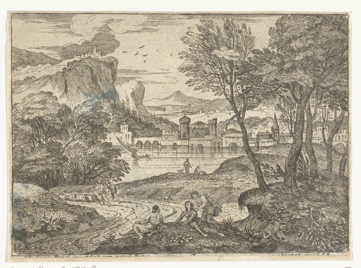 Landskap med tre personer längs stigen Mannen och de två kvinnorna i skuggan av träden Landscapes, serie åtta (serietitel) av Adriaen van der Kabel