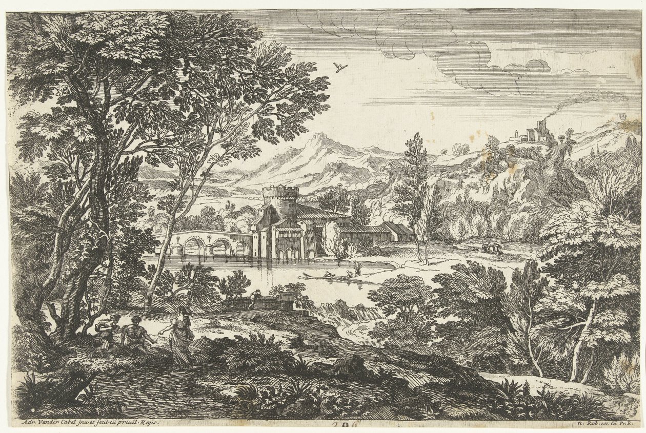 Landskap med tre personer under ett träd Landscapes, serie fem (serietitel) av Adriaen van der Kabel