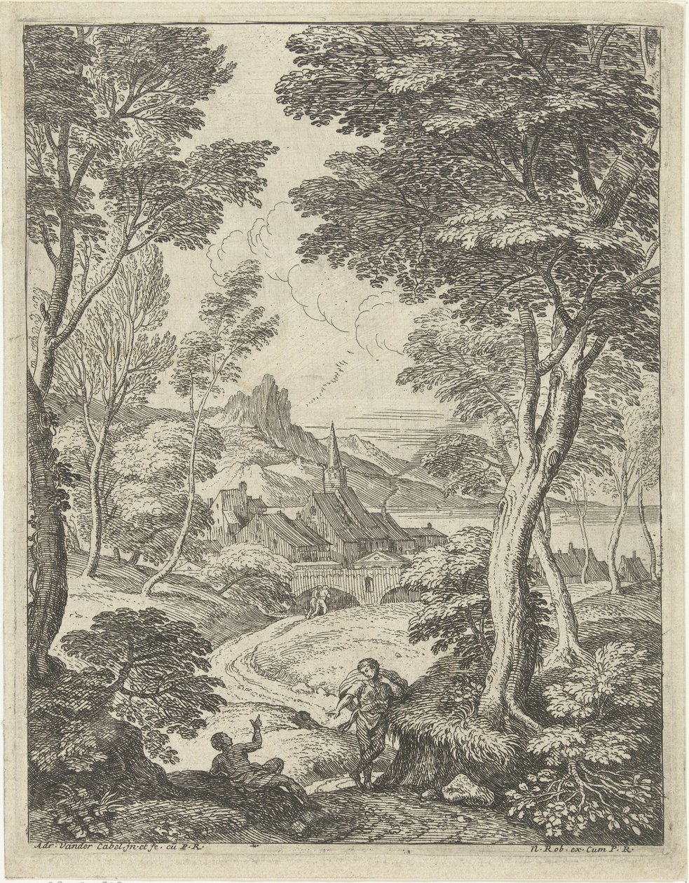 Landskap med spetsigt torn Landskap med herdar (serietitel) av Adriaen van der Kabel