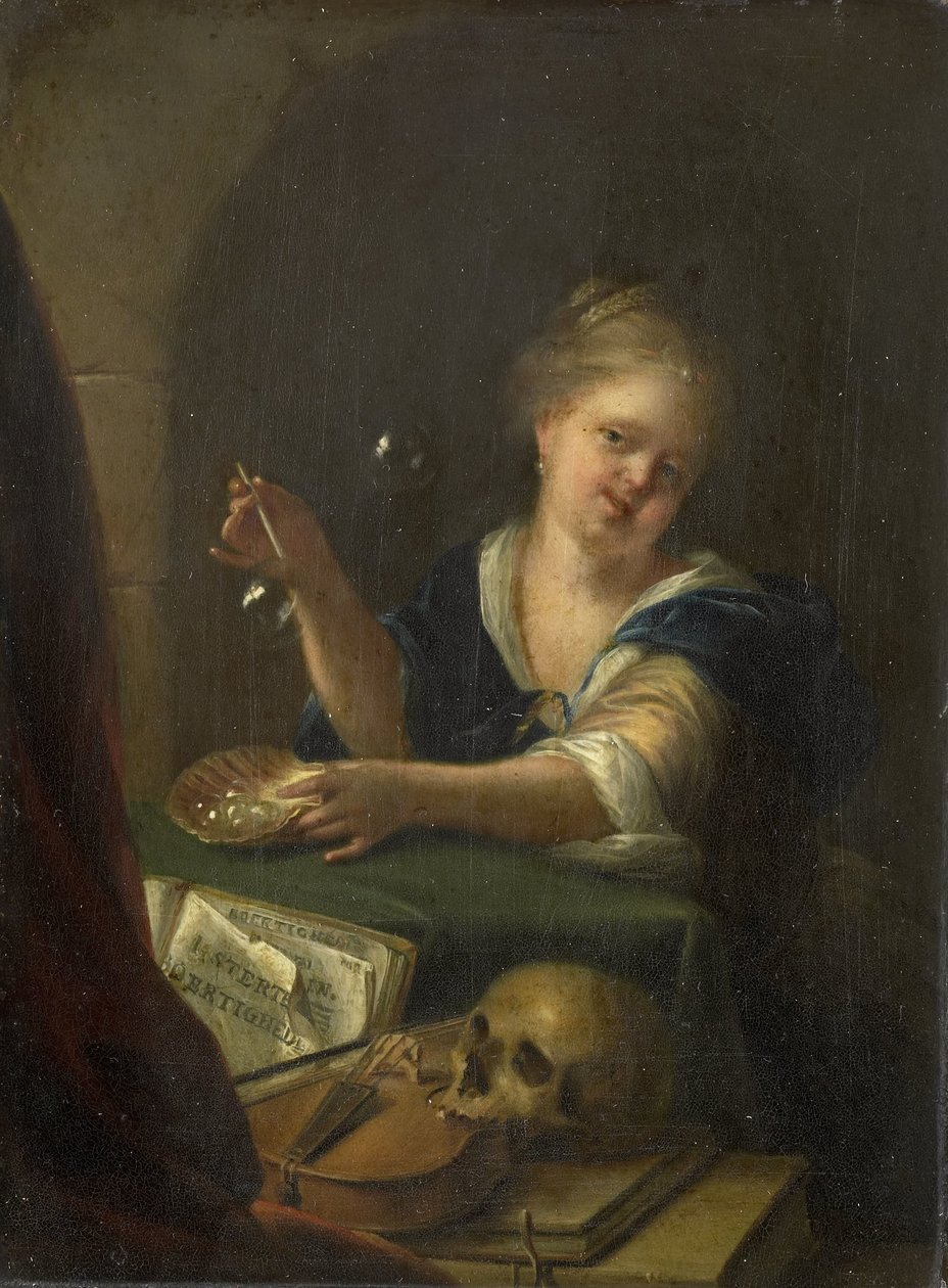 Bubbelblåsande flicka med ett Vanitas-stilleben av Adriaen van der Werff (manner of)