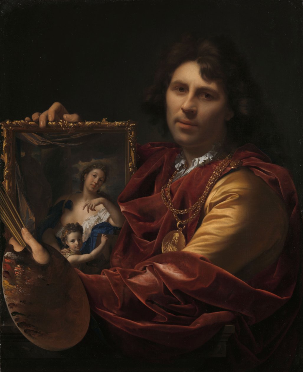 Självporträtt med porträttet av hans hustru Margaretha van Rees och deras dotter Maria, 1699. av Adriaen van der Werff