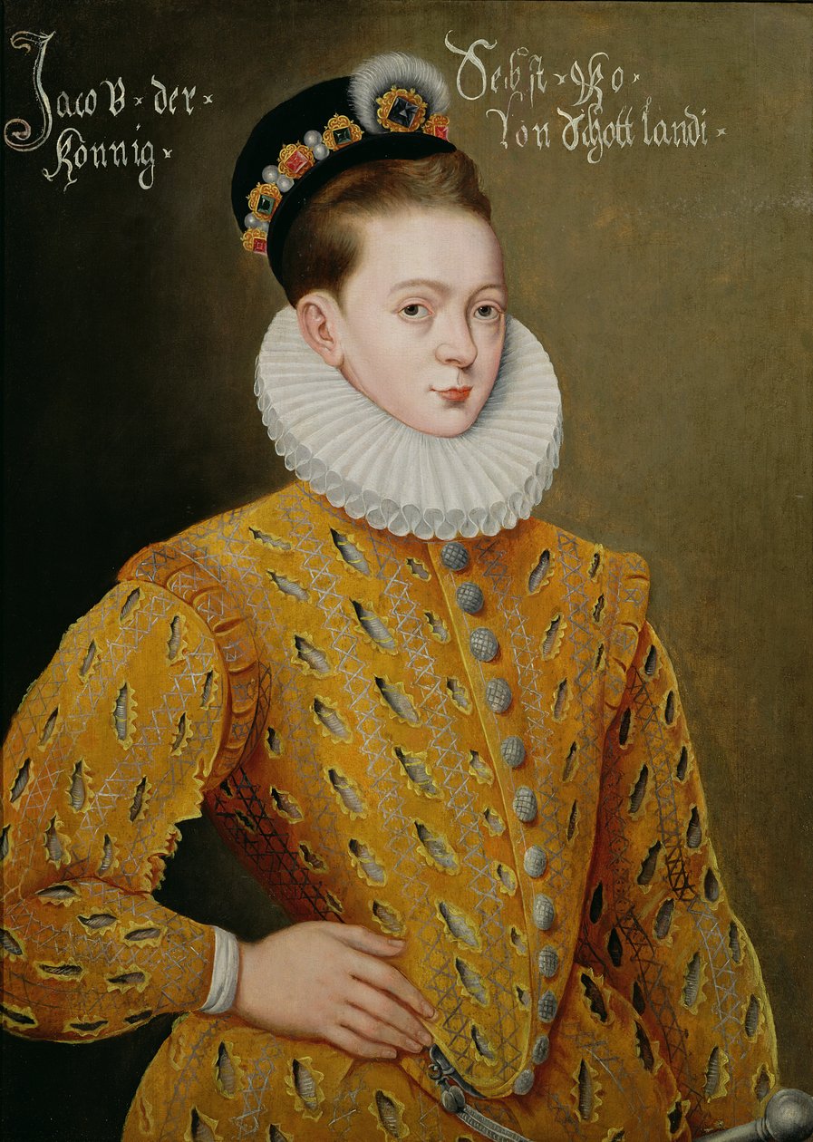Porträtt av James I av England och James VI av Skottland (1566-1625), som påstods vara det äktenskapsporträtt som skickades till det danska hovet för att förföra Anne, hans framtida hustru av Adrian Vanson