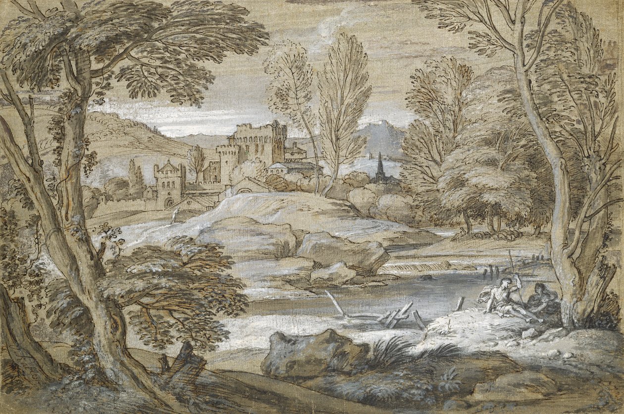 Klassiskt landskap (penna och bläck på papper) av Adriaen van der Cabel