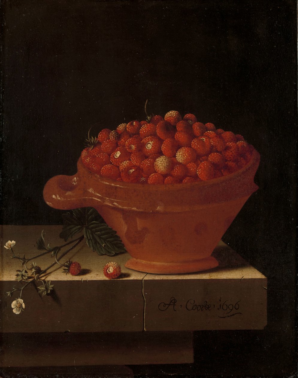 En skål med jordgubbar på en stensockel, 1696 av Adrian Coorte