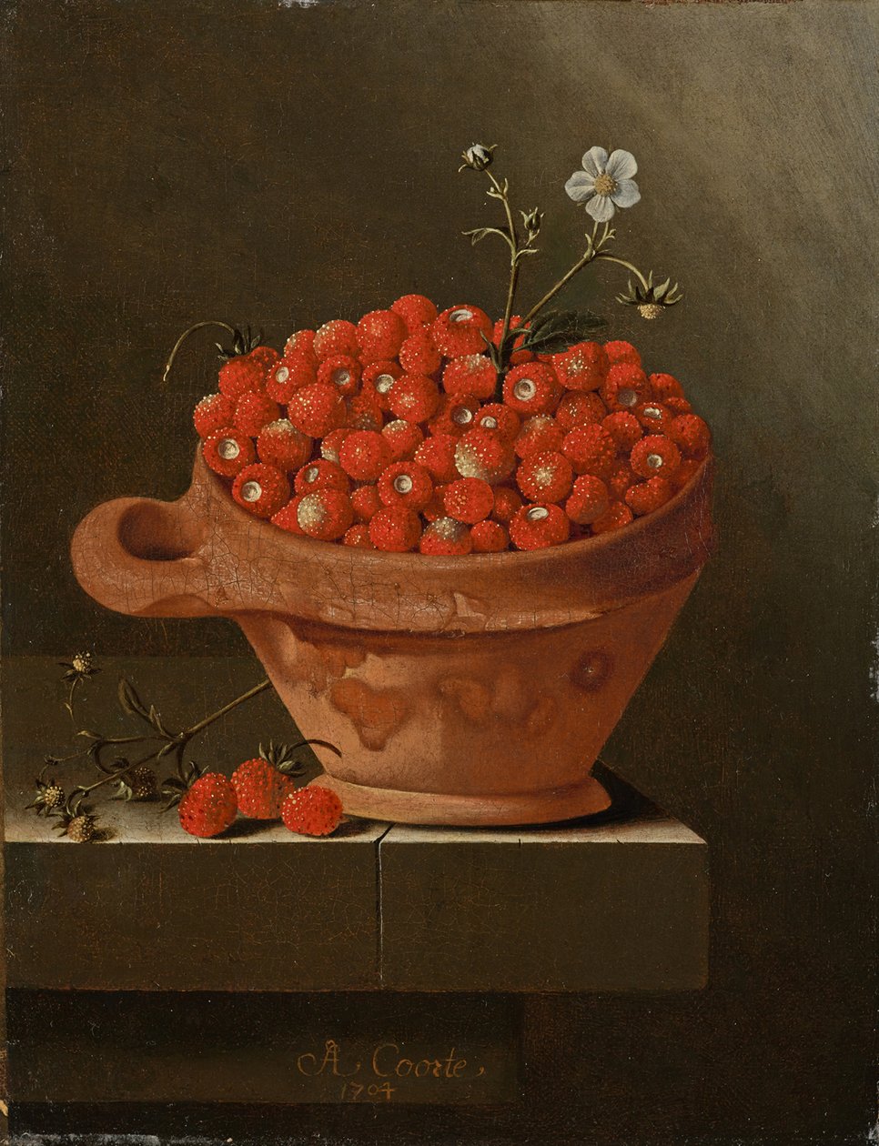 Stilleben med jordgubbar i en lerkruka, 1704 av Adrian Coorte