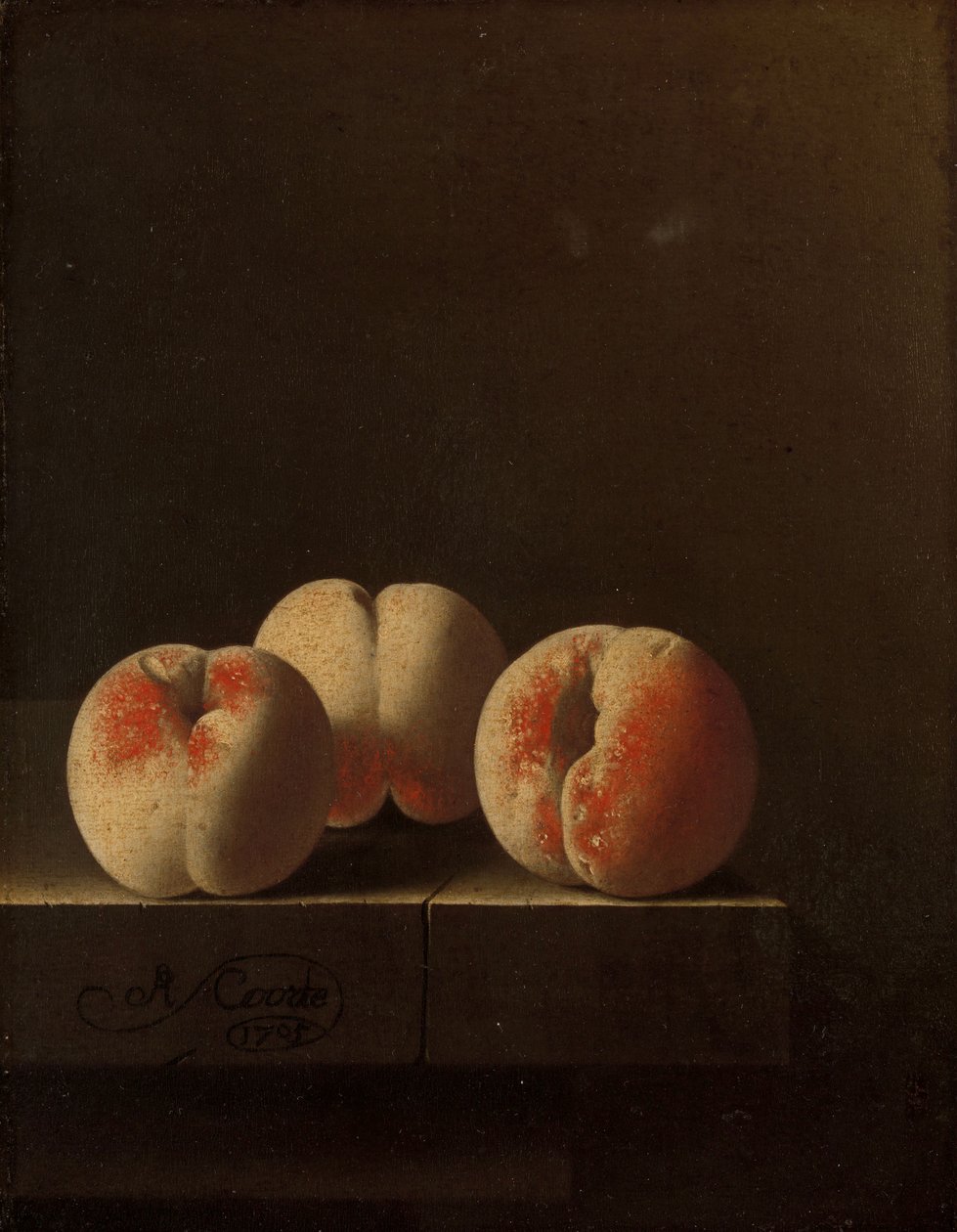 Tre persikor på en stensockel, 1705 av Adrian Coorte
