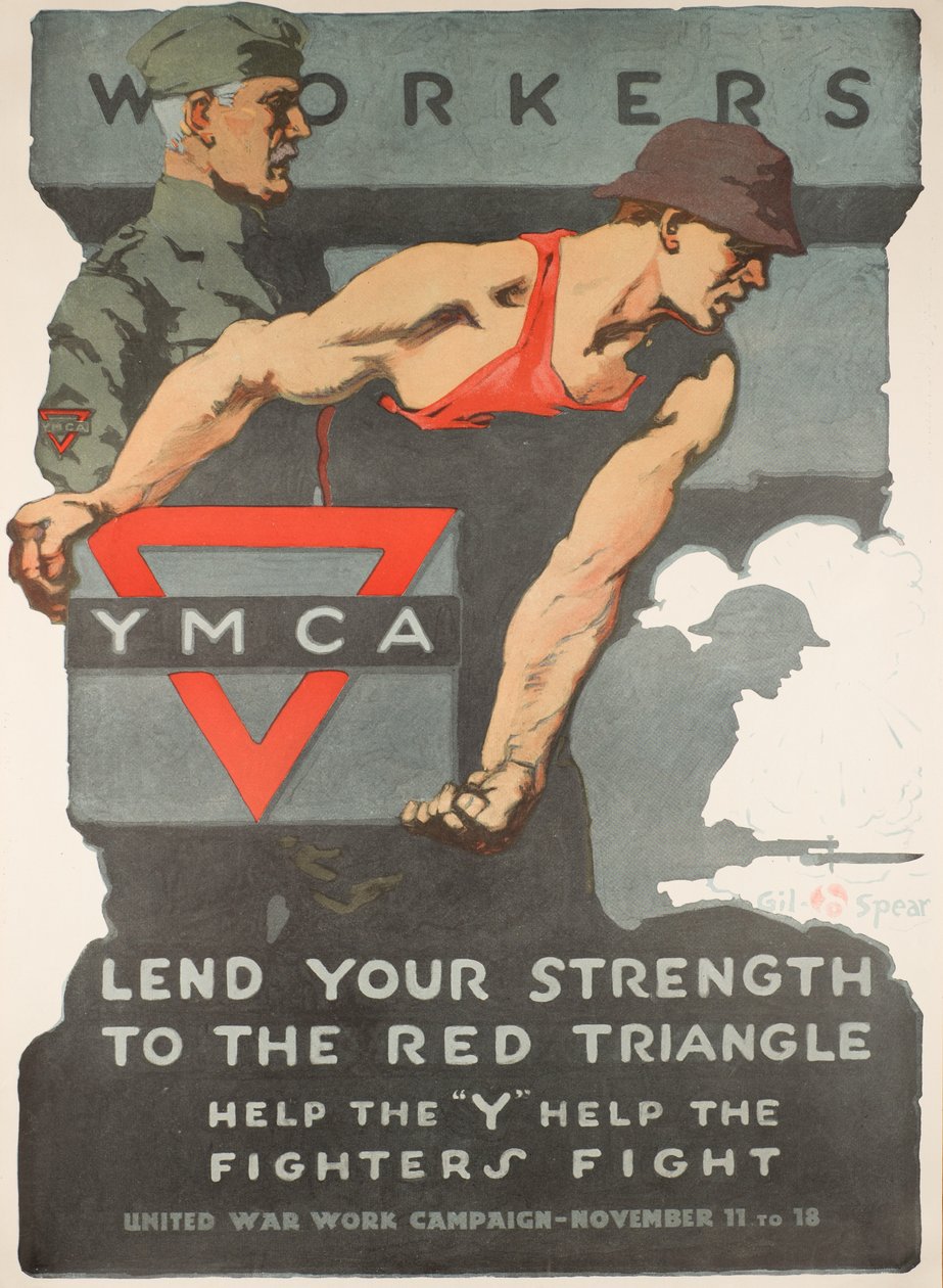 Arbetare lånar ut din styrka till den röda triangeln: Hjälp "y" att hjälpa kämparna att kämpa (United War Work Campaign 11 till 18 november) c. 1918 (lito i färg) av Adrian Gil Spear
