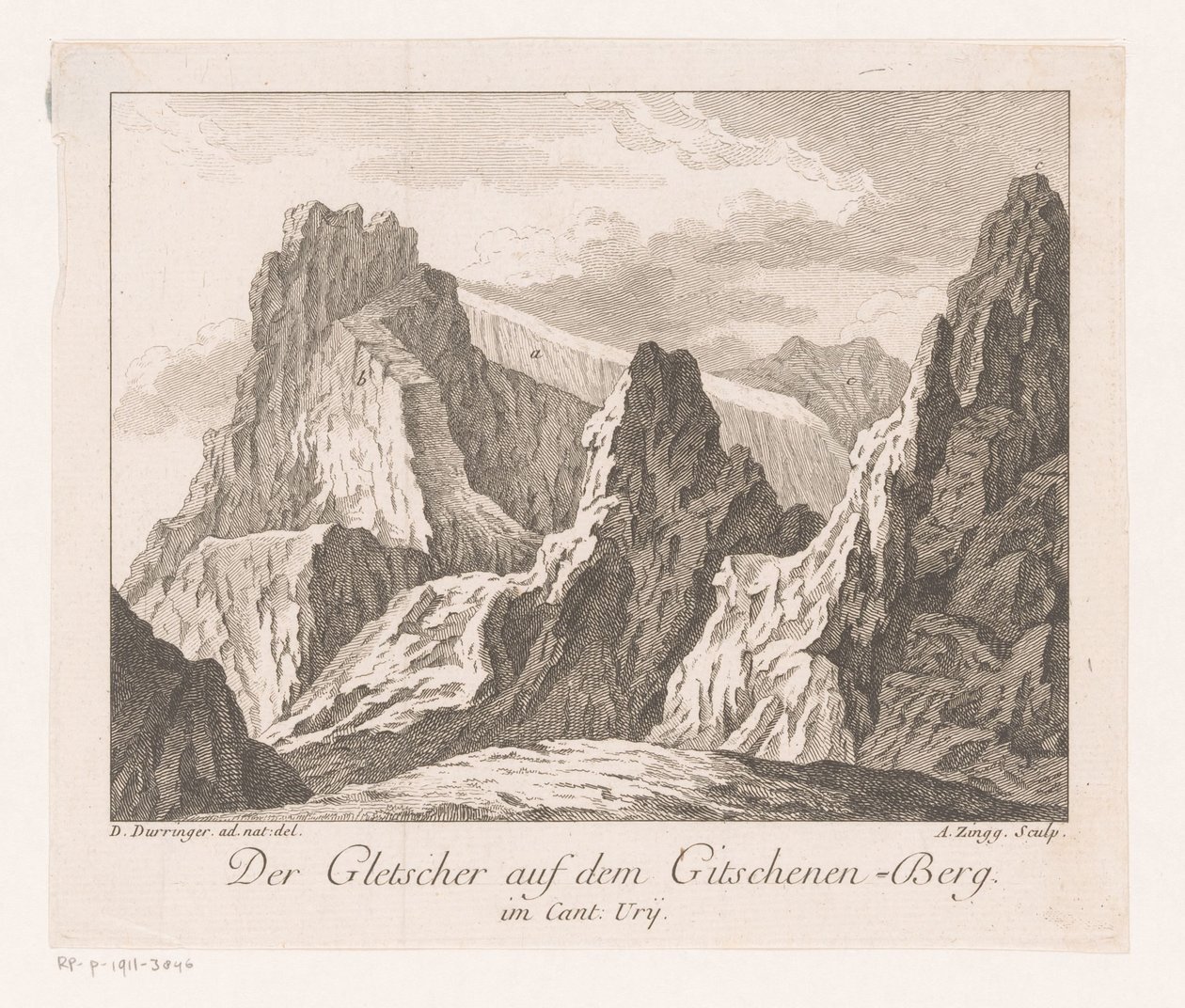 Utsikt över en glaciär i Alperna Der Gletscher auf dem Gitschenen-Berg (titel på objekt) av Adrian Zingg