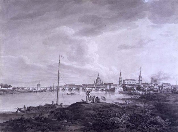 Utsikt över Dresden, ca 1788 (bläck & tvätt över grafit på papper) av Adrian Zingg