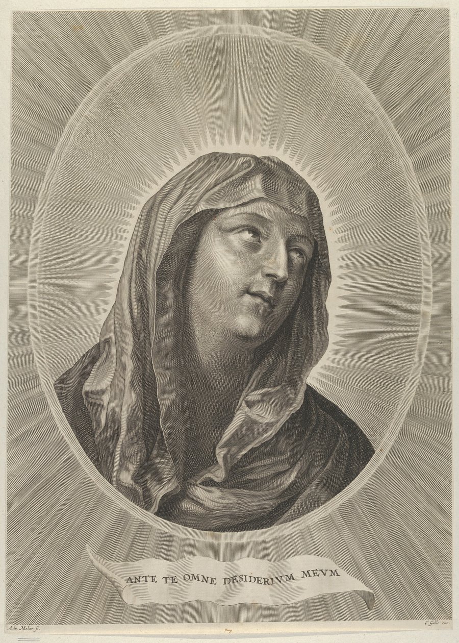Jungfruns huvud tittar upp till höger, i en oval ram, efter Reni, ca. 1..., ca. 1650-67. av Adrian van Melar