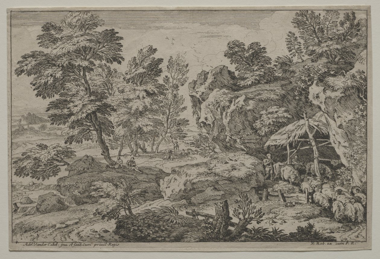 Landskap med herdar och två flockar av Adrian van der Cabel