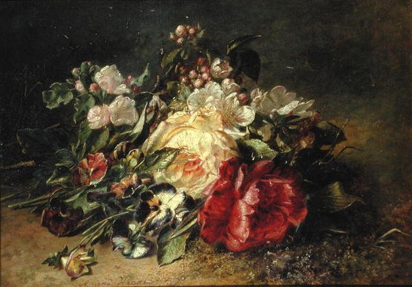 Stilleben med rosor och penséer (olja på duk) av Adriana Joanna Haanen