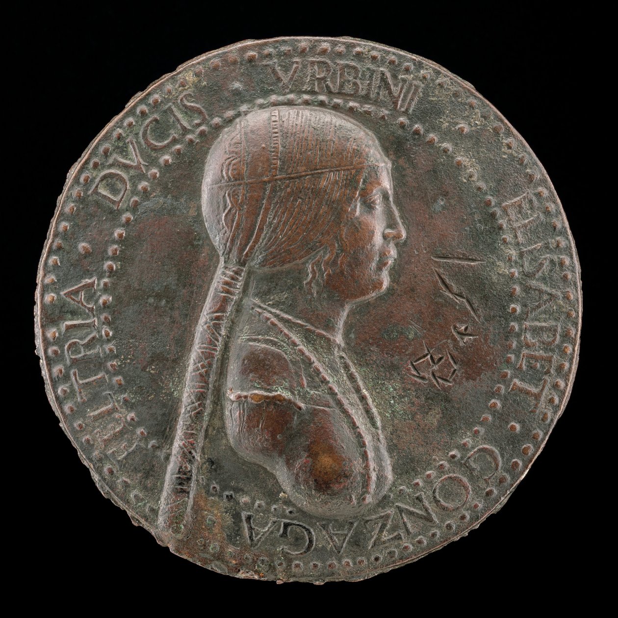 Elisabetta Gonzaga, död 1528, hertiginna av Urbino, hustru till Guidobaldo I 1489 [obv], troligen efter 15 av Adriano Fiorentino