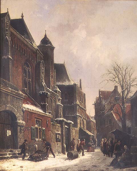 En holländsk gatubild med figurer vid en kyrka av Adrianus Eversen